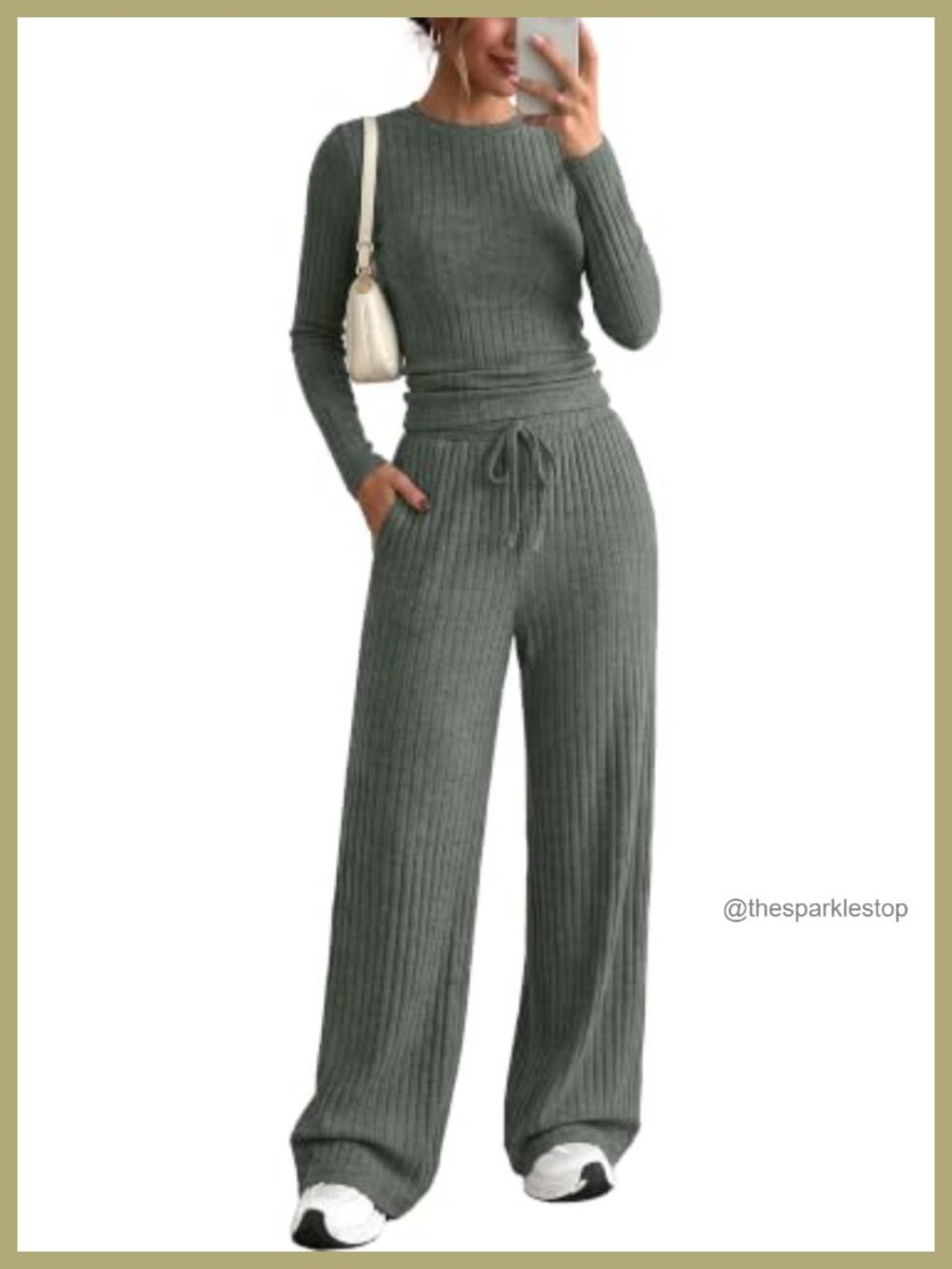 Women's 2 Piece Lounge Set Sweater Cozy Ribbed Top Wide Leg Pants